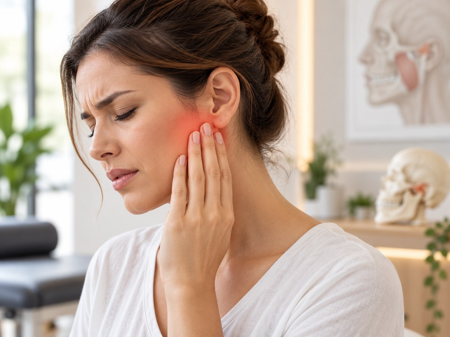 Pessoa com desconforto na articulação temporomandibular